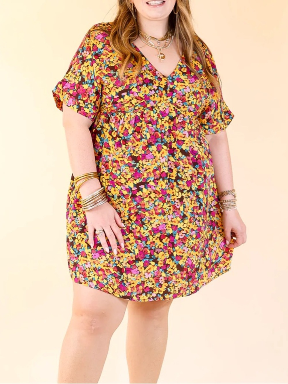 Emily Wonder Fresh Blossoms floral short sleeve babydoll style dress Size Large